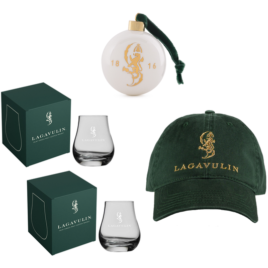 Lagavulin Feis Ile Cap - Green & 2 x Spey Dram Glas & Bauble